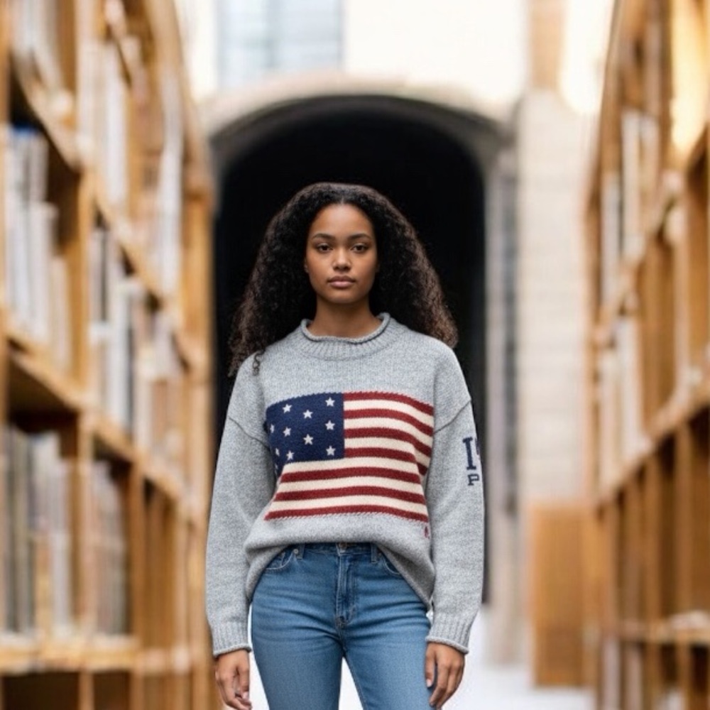 Ralph Lauren Gray Wool Sweater with American Flag Design